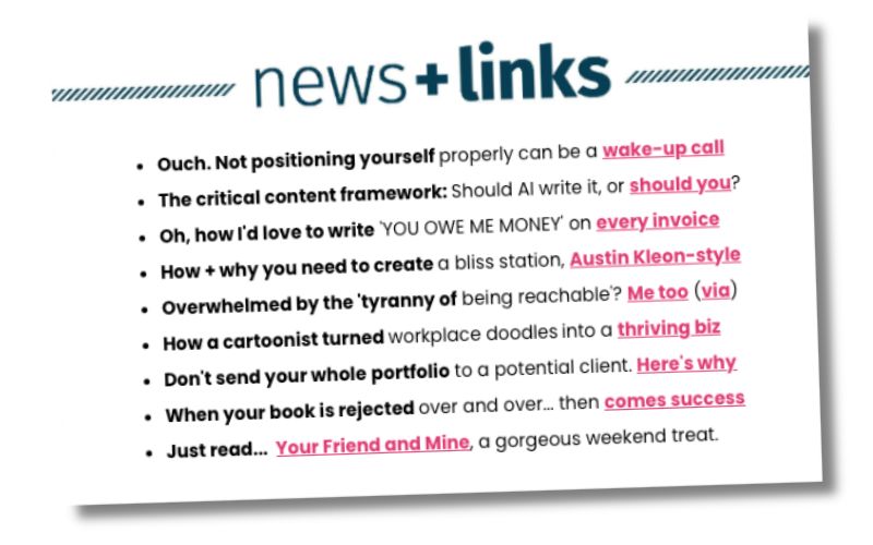 news and links section from The Wrap-Up newsletter, in a post about Rachel Smith's 2-hour newsletter writing process